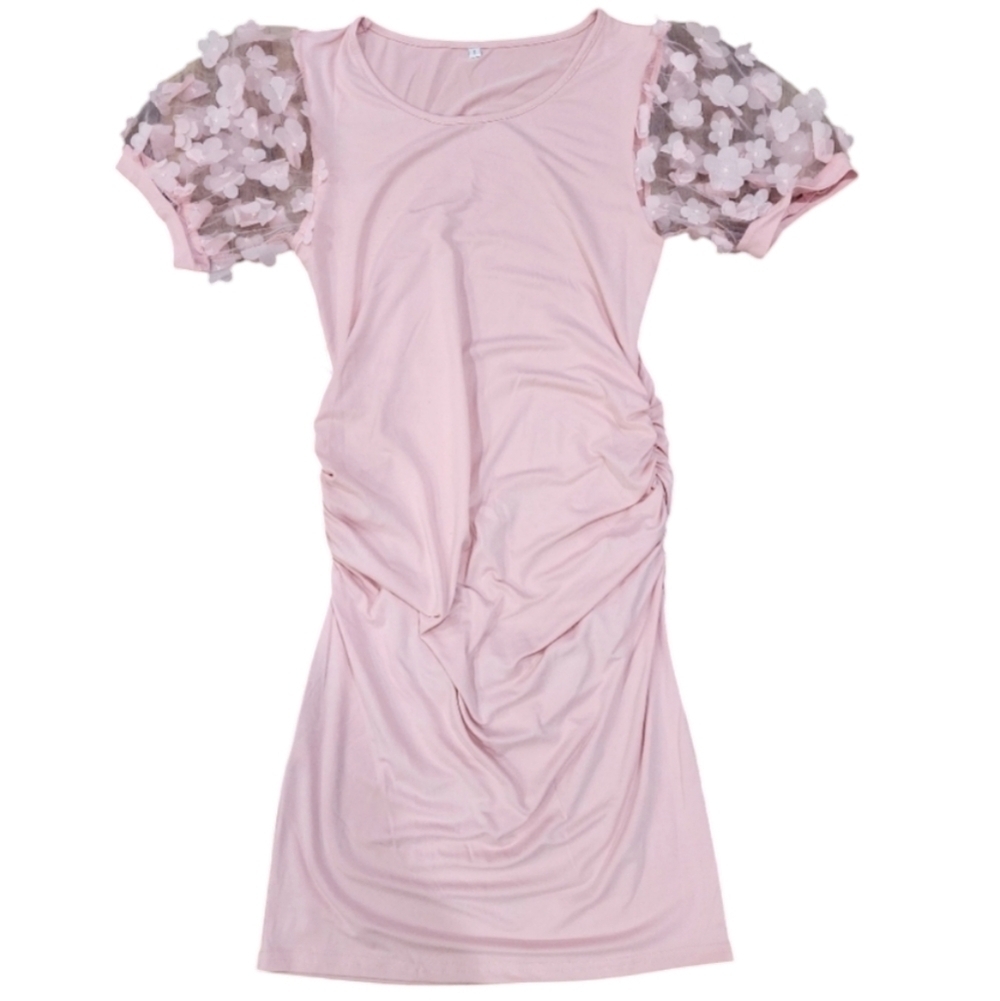 Pink Floral Maternity Dress Mesh Sleeves - Picture 3 of 4